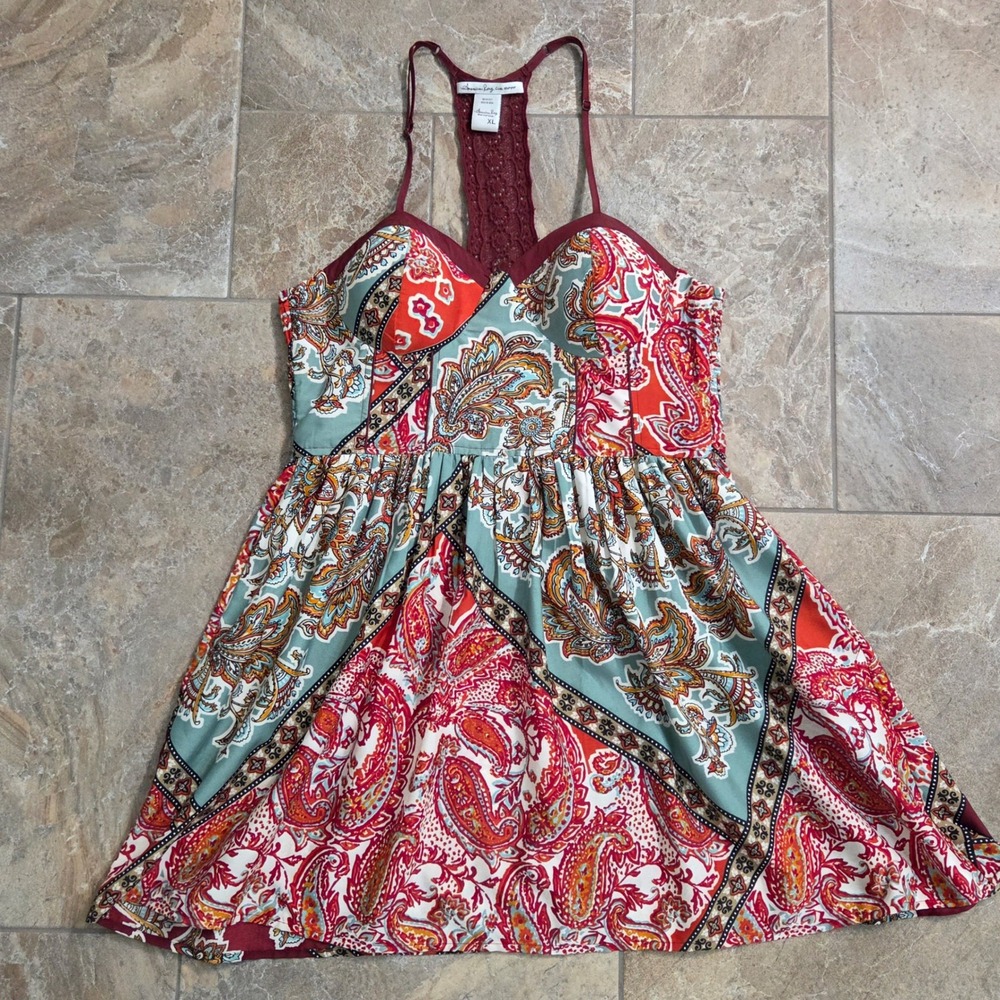 American Rag Cie Womens XL Paisley Crochet Lace Racerback Boho Sundress Burgundy